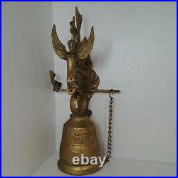 Early 20th Century Gothic Wall Mount Brass Bell Winged Angel/Woman Latin Words