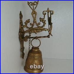 Early 20th Century Gothic Wall Mount Brass Bell Winged Angel/Woman Latin Words