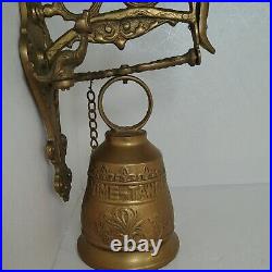 Early 20th Century Gothic Wall Mount Brass Bell Winged Angel/Woman Latin Words