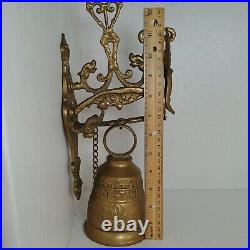 Early 20th Century Gothic Wall Mount Brass Bell Winged Angel/Woman Latin Words