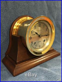 FULLY RESTORED 1956 Chelsea Ships Bell Clock in Mahogany Base 3-3/4 Dial