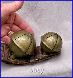 Four Large Heavy Antique Brass Sleigh Bells on Original Leather Strap