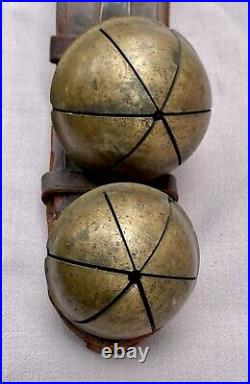 Four Large Heavy Antique Brass Sleigh Bells on Original Leather Strap