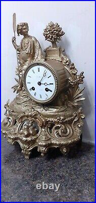 French Antique ornate, gilt 8 Day bell striking mantle clock. Circa 1890. Workin