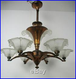 French Art Deco Nouveau Chandelier 6 Arms Lights Bell Shades Brass Glass