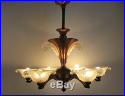 French Art Deco Nouveau Chandelier 6 Arms Lights Bell Shades Brass Glass