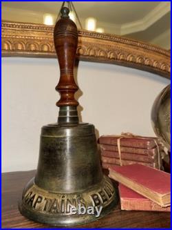 HUGE Vintage Brass Captain's Bell Wood Handle Decorative Bell 15 1/2 Tall