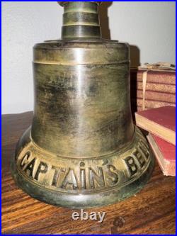 HUGE Vintage Brass Captain's Bell Wood Handle Decorative Bell 15 1/2 Tall