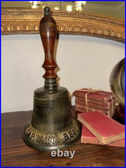 HUGE Vintage Brass Captain's Bell Wood Handle Decorative Bell 15 1/2 Tall