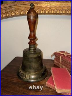 HUGE Vintage Brass Captain's Bell Wood Handle Decorative Bell 15 1/2 Tall