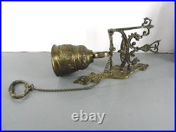 Heavy Solid Brass Monastery Church Brass Dinner Bell Wall Hanging Pull Chain Vtg