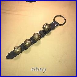 Horse Tack 4 Brass Sleigh Bells Leather Strap Harness Antique