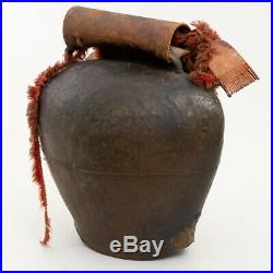 Huge 19 Antique Cow Bell German Austrian Tooled Leather Strap w. Brass Buckle