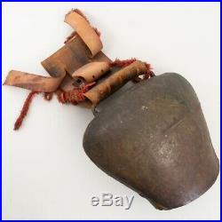 Huge 19 Antique Cow Bell German Austrian Tooled Leather Strap w. Brass Buckle