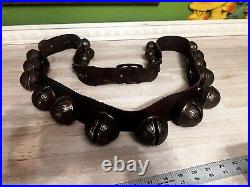 Huge Antique Brass Sleigh Bells 70 inch Leather Strap 25 Bells 1-13 size