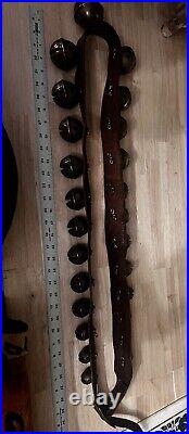 Huge Antique Brass Sleigh Bells 70 inch Leather Strap 25 Bells 1-13 size