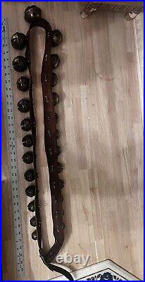 Huge Antique Brass Sleigh Bells 70 inch Leather Strap 25 Bells 1-13 size