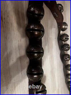 Huge Antique Brass Sleigh Bells 70 inch Leather Strap 25 Bells 1-13 size