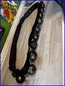 Huge Antique Brass Sleigh Bells 70 inch Leather Strap 25 Bells 1-13 size