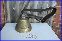 Huge Antique Swiss Brass Farm Cow Bell With Leather Strap