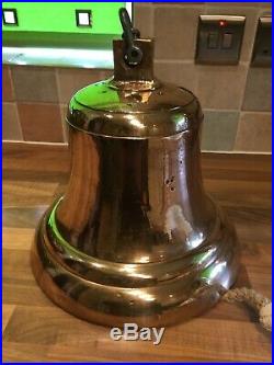 Huge Vintage Cast Brass Bronze Ships Bell With Clapper Rope Maritime Marine Boat