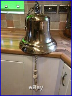Huge Vintage Cast Brass Bronze Ships Bell With Clapper Rope Maritime Marine Boat