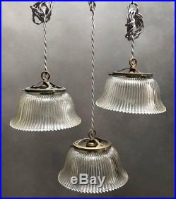 Industrial Prismatic Holophane Glass Bell Pendant Lights