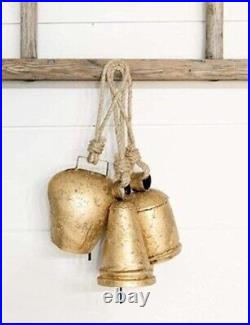 Iron Wrought Bell Chime Handmade Brass Finish Wall Hanging Rope 3 Bell Christmas