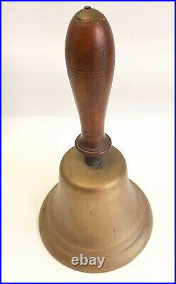 LARGE 8.5 H x 5 DIA ANTIQUE BRASS HAND BELL With WOOD HANDLE SCHOOL CHOIR #7