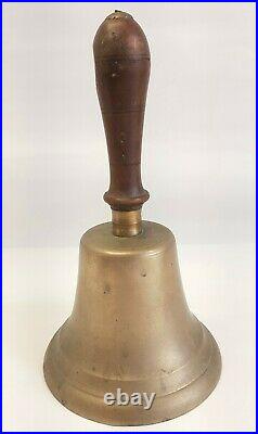 LARGE 9 H x 5 1/8 DIA ANTIQUE BRASS HAND BELL With WOOD HANDLE SCHOOL CHOIR