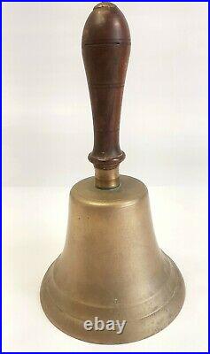LARGE 9 H x 5 1/8 DIA ANTIQUE BRASS HAND BELL With WOOD HANDLE SCHOOL CHOIR