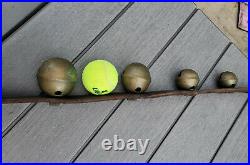 LARGE BRASS SLEIGH BELLS withLEATHER BELT STRAP LARGE BELL TENNIS BALL SIZE