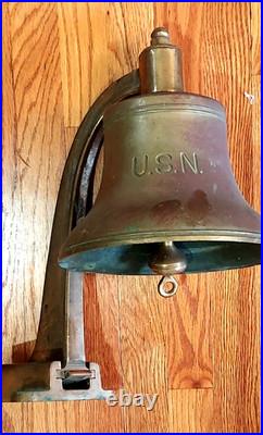 LARGE VINTAGE NAVY USN BRONZE SHIPS BELL withMOUNTING ARM & SERIAL # 10 Diam