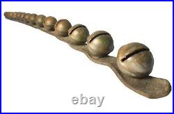 LATE 19TH-EARLY 20TH C AMERICAN ANTIQUE 14 PC BRASS SLEIGH BELLS WithLEATHER STRAP