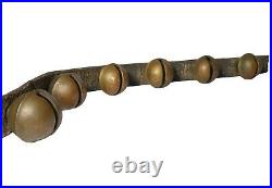 LATE 19TH-EARLY 20TH C AMERICAN ANTIQUE 14 PC BRASS SLEIGH BELLS WithLEATHER STRAP