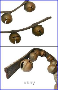 LATE 19TH-EARLY 20TH C AMERICAN ANTIQUE 14 PC BRASS SLEIGH BELLS WithLEATHER STRAP