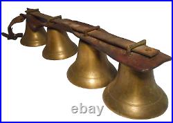 LATE 19TH-EARLY 20TH C AMERICAN ANTIQUE 4 TIER BRASS BELLS, WithLEATHER TOP STRAP