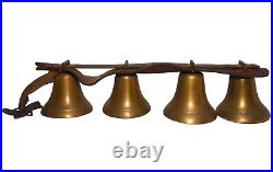 LATE 19TH-EARLY 20TH C AMERICAN ANTIQUE 4 TIER BRASS BELLS, WithLEATHER TOP STRAP