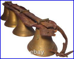 LATE 19TH-EARLY 20TH C AMERICAN ANTIQUE 4 TIER BRASS BELLS, WithLEATHER TOP STRAP