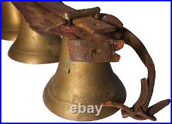 LATE 19TH-EARLY 20TH C AMERICAN ANTIQUE 4 TIER BRASS BELLS, WithLEATHER TOP STRAP