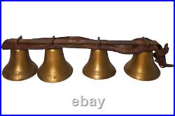 LATE 19TH-EARLY 20TH C AMERICAN ANTIQUE 4 TIER BRASS BELLS, WithLEATHER TOP STRAP