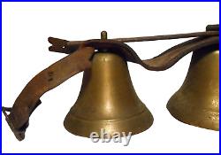 LATE 19TH-EARLY 20TH C AMERICAN ANTIQUE 4 TIER BRASS BELLS, WithLEATHER TOP STRAP