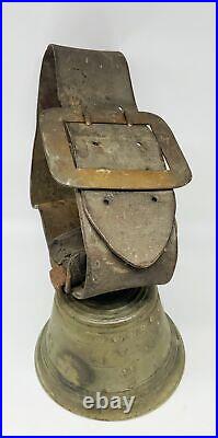 Large 19th c antique brass or bronze Swiss Cow bell with leather strap & buckle