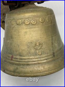 Large 19th c antique brass or bronze Swiss Cow bell with leather strap & buckle