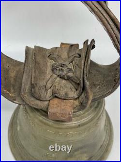 Large 19th c antique brass or bronze Swiss Cow bell with leather strap & buckle