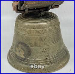 Large 19th c antique brass or bronze Swiss Cow bell with leather strap & buckle