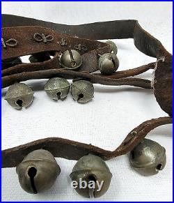 Large 24 Bell Antique/Vintage Brass Horse Sleigh Bells on Leather Belt Read