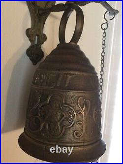 Large ANTIQUE VINTAGE BRASS ORNATE CHURCH BELL with PULL CHAIN Latin Phrase