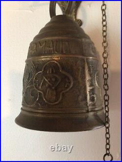 Large ANTIQUE VINTAGE BRASS ORNATE CHURCH BELL with PULL CHAIN Latin Phrase