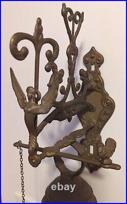 Large ANTIQUE VINTAGE BRASS ORNATE DOOR BELL with PULL CHAIN Latin Phrase